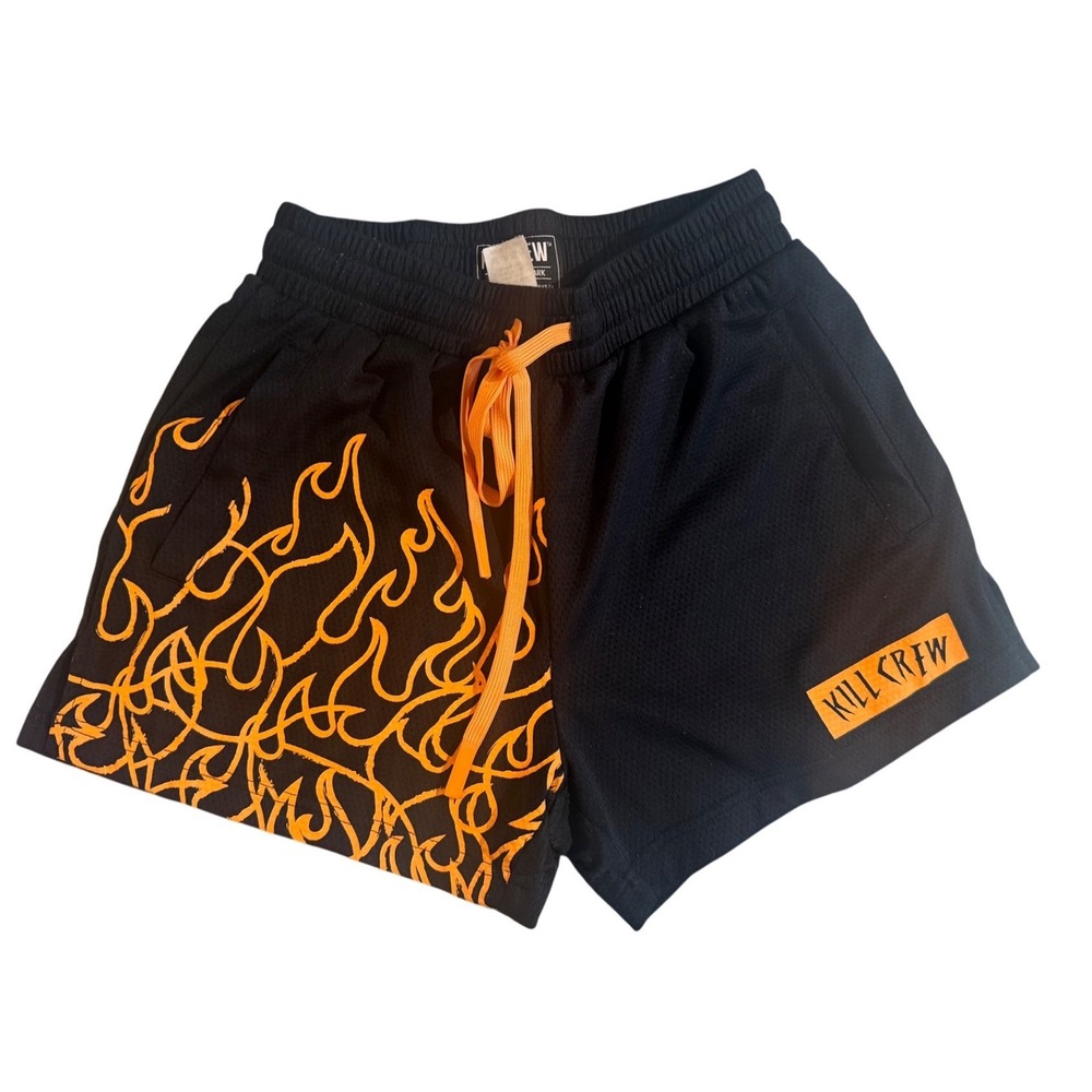 Kill Crew Mens Black Orange Flame Mesh Athletic Gym Shorts Small Streetwear
